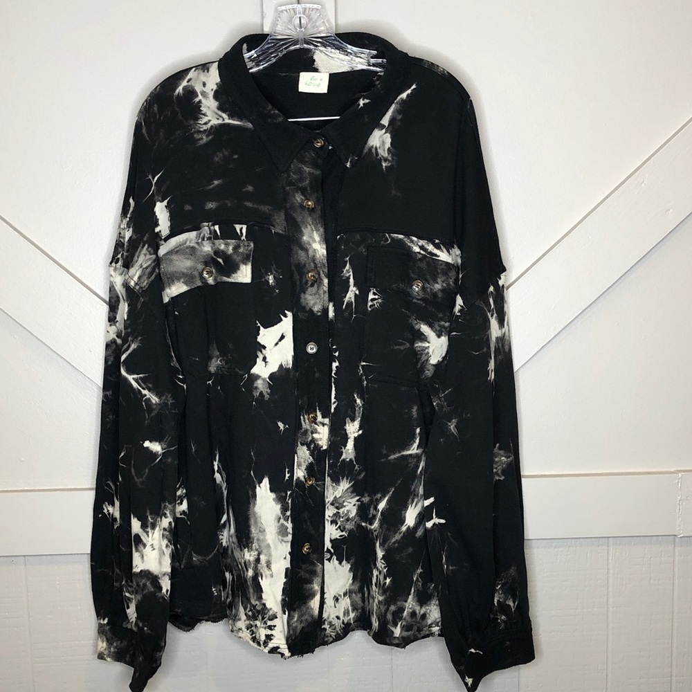 Blue Buttercup Boho Oversized Shacket Black and White Tie-Dye Button-Down Shirt